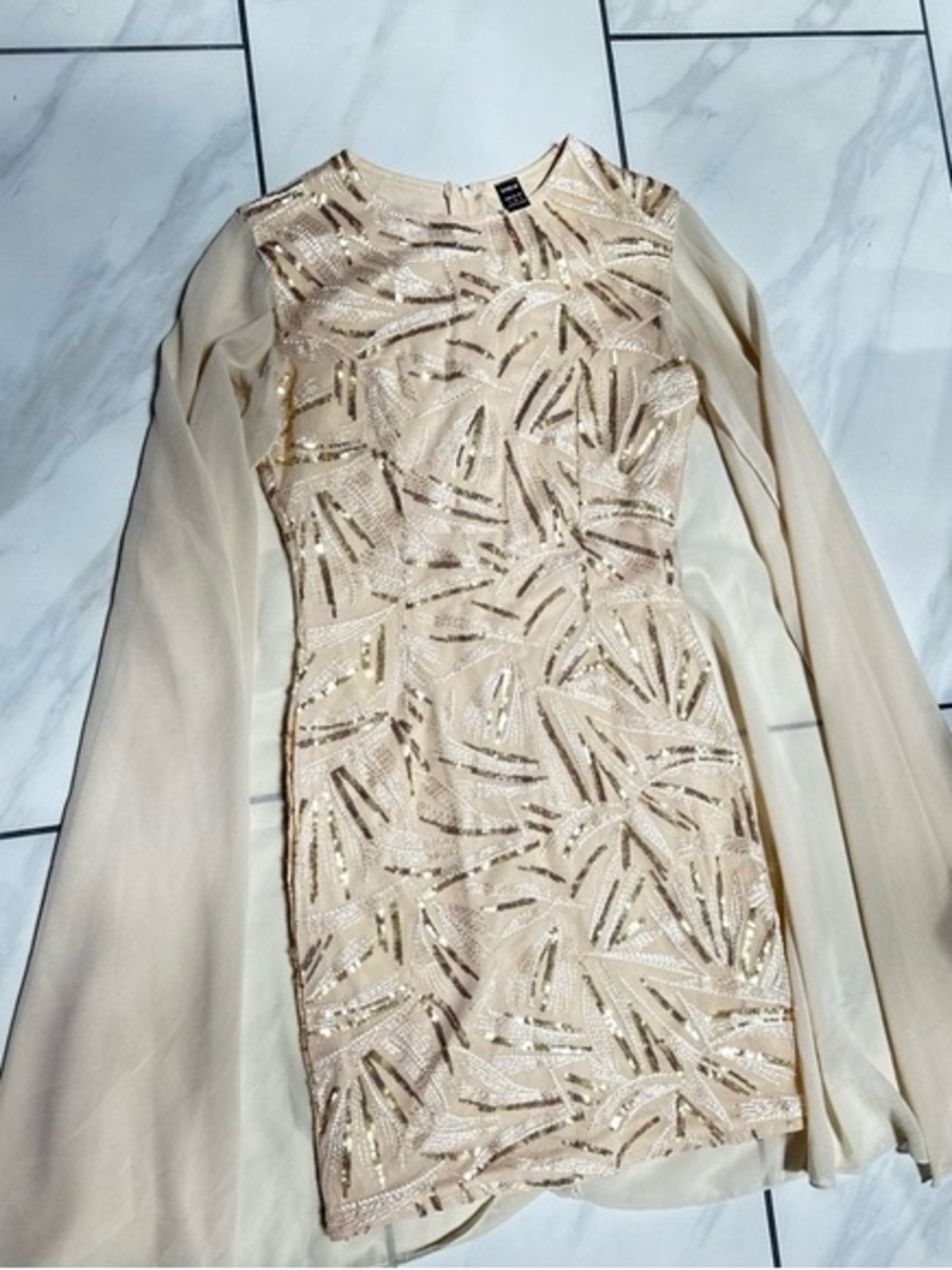 Beige Sequin Embellished Long-Sleeve Dress